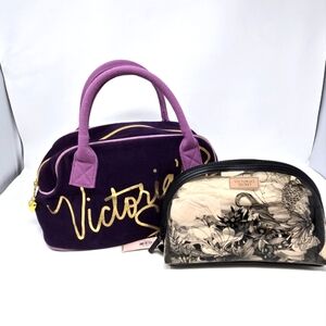 VICTORIA'S SECRET LOT OF 2 MAKEUP BAGS TRAVEL CASE POUCH PURPLE GOLD BLACK CLEAR